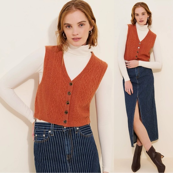 Free People Beatrice Cashmere Cable Knit Sweater Vest Fall Brown Size Large - Picture 1 of 12